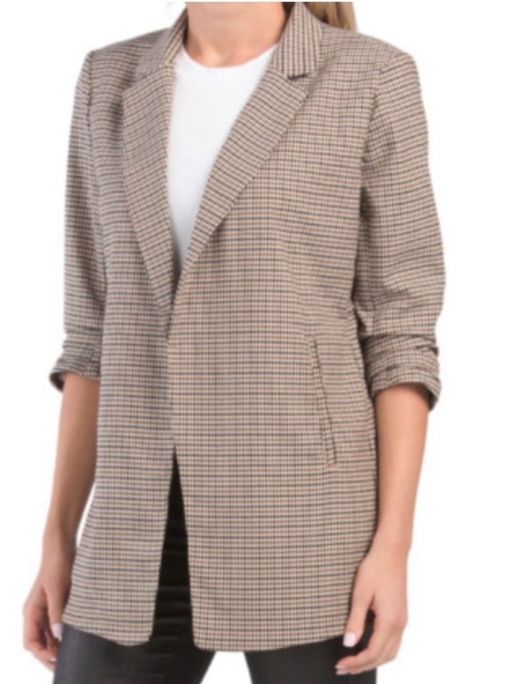 Rachel Zoe Beige Houndstooth Longline open front Blazer, size S academia office
